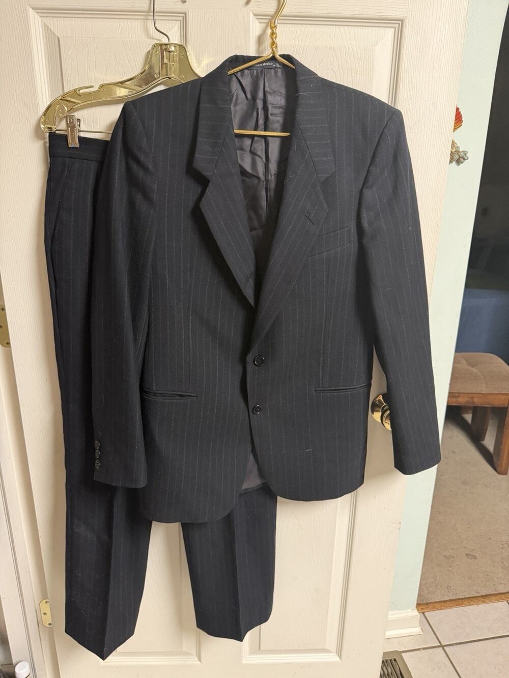 Vintage 80s Paul Rodon Webster Black Striped Wool Suit 38r 38x29 USA Pinholes